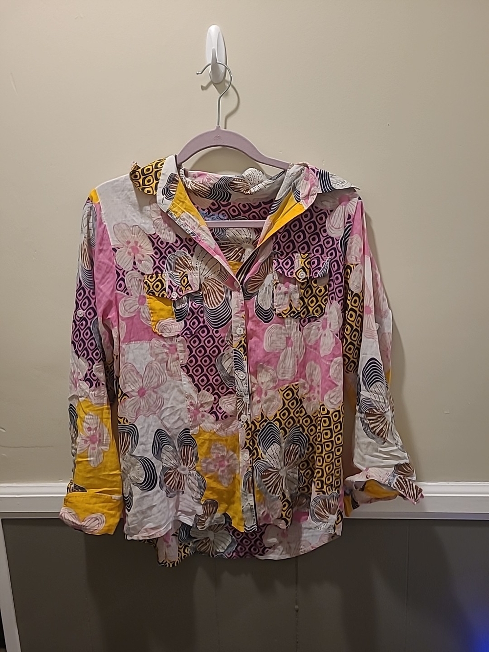Creme Fraiche Multi-color Long Sleeve Abstract Pattern Button Down Top Size L